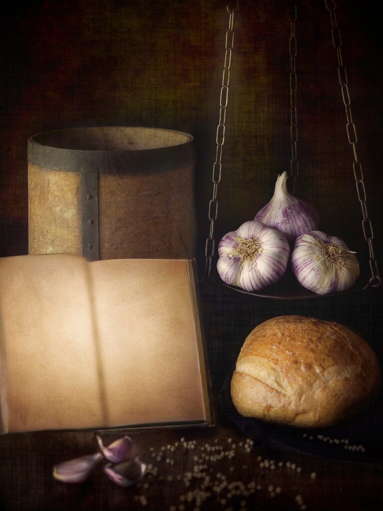 garlic, bread, pepper, book, recipe, food, still life